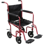 Deluxe Fly-Weight Aluminum Transport Chair, 19"W, Removable Casters, Red Frame, Black Upholstery