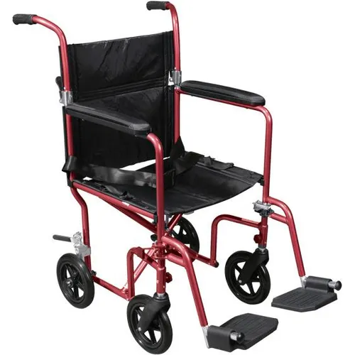 Deluxe Fly-Weight Aluminum Transport Chair, 19"W, Removable Casters, Red Frame, Black Upholstery